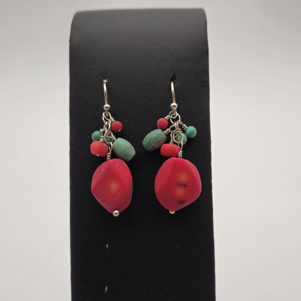 Sterling Silver Red Coral With Stone Accents Earrings A2676